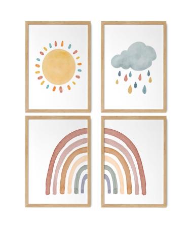 Happyarts |Kinderzimmer Pictures A4 Poster 4 Set Deco Girl Boy Baby Room |Hand -painted boho sun rainbow cloud weather elements without frame ... boho sun rainbow & cloud