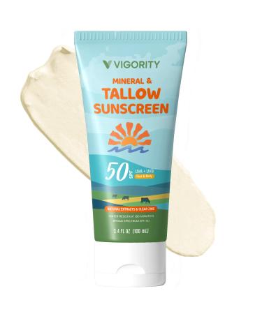 Beef Tallow Sunscreen with Zinc Oxide: Natural Non-Toxic SPF 50 Tallow Sunblock Cream for Face & Body - with 10 Food-Grade Botanical Extracts - Kids & Sensitive Skin Safe Water-Resistant - 3.4 FL OZ SPF 50 (Pack of 1)