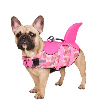 Cit toile life jacket dog shark light and safe for water sports dog swimming vest with handle and reflective for small medium and large dogs pink camouflage XS XS pink camouflage