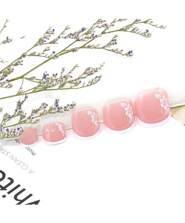 White Flower Square French Press Fake Toenails - 24Pcs Full Cover Nail Tips for Women | Summer Stick-on Toenails with Removable Glue - Buy Online on GoSupps.com