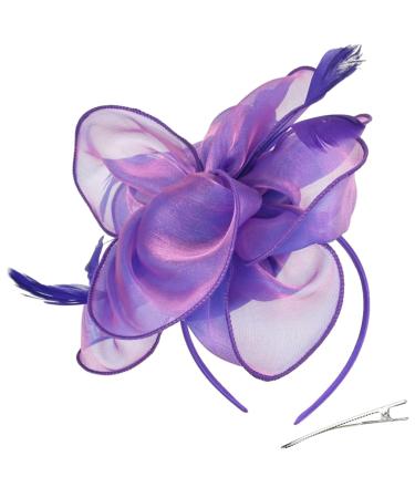 xbiez TeaParty Fascinator Headband French Style Derby Hair Clip for Women Organza Flower Headpiece Elegant Church Headband Purple