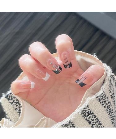 French Press on Nails - Mid length Square Press On Nails with Nail Tips Black and white edges Glitter Rhinestones Design Coral color Glossy press on nails Acrylic False Nails Cute Artificial Nails - Buy Online on GoSupps.com