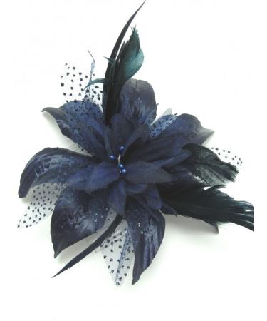 Pretty Cool - Navy Blue Flower & Feather Comb Fascinator