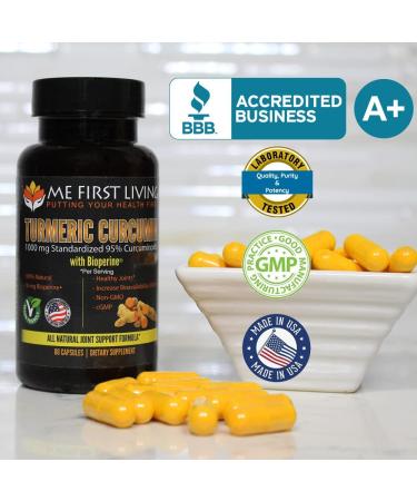 Me First Living Turmeric Curcumin 1000mg 95% Curcuminoids with Bioperine - 19x More Potent, Enhanced Absorption, Non-GMO, Organic, Vegan, Gluten-Free - 60 Capsules - Buy Online on GoSupps.com