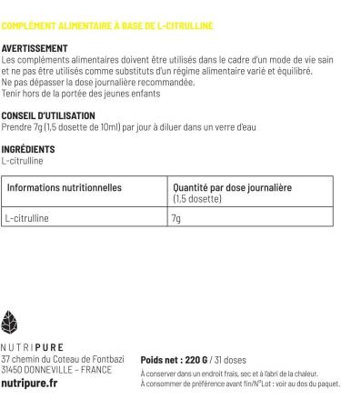 Nutripure | L-Citrulline BioKyowa Vegetable | Ideal for Muscle Congestion for Training | Arginine Precursor | Citrulline Malate Free | Made in France - Buy Online on GoSupps.com