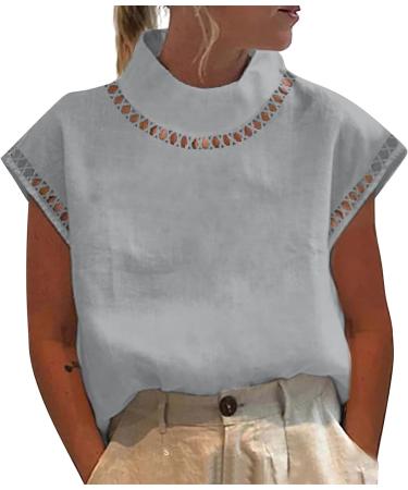 Womens Cotton and Linen Shirts Plus Size Blouses Summer Short Sleeve Lapel Button Casual Tees Round Neck Loose Holiday Vacation Henley T Shirts 2651-qppoj-grey-f S - Buy Online on GoSupps.com