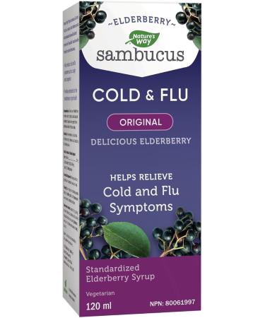Nature's Way Sambucus Cold and Flu Care Original Elderberry Syrup Used in Herbal Medicine to Help Relieve Symptoms (Coughs and Sore Throats) in Adults 120 ml