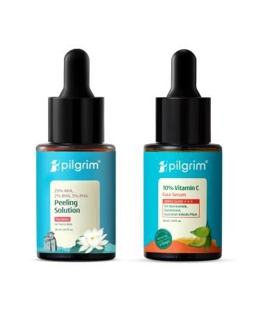 Pilgrim Glow & Detan Radiance Combo | 25% AHA Peeling Solution & 10% Vitamin C Face Serum| Reduces Tan| Radiance & Reduces Dark Spots |Gives Triple Glow+++