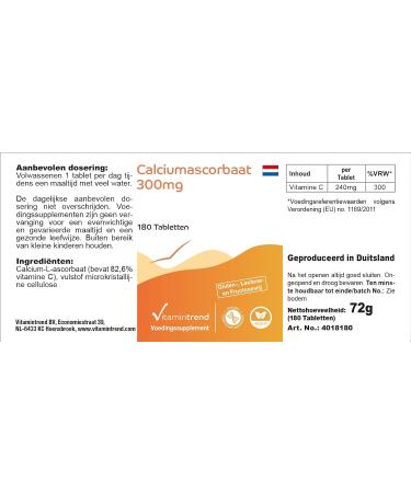 Ascorbate de Calcium 180 comprim s ! POUR 6 MOIS ! Vitamine C 300mg tamponn e V gan Flacon avantageux | Vitamintrend  - Buy Online on GoSupps.com