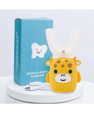 Kids Sonic Electric Toothbrush U Shaped Automatic Timer IPX7 Waterproof 5 Modes 360 Oral Cleaning Teeth Whitening Gums Massage Replaceable Soft Cartoon for 7-15 (Yellow Cow)