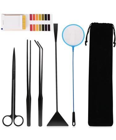 6 in 1 Aquarium Aquascape Tools Kit, Long Stainless Steel Aquatic Plant Tweezers Scissors Scrapers Set for Fish Tank Aquariums Tank Clean, Aquascaping Tools with PH Paper Fish Net Bag Black-6 in 1