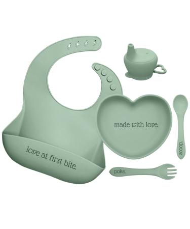 Heart Shaped Silicone Feeding Set 5 Piece Baby & Toddler Tableware Silicone Set  Bib  Heart Plate/Bowl  Fork & Spoon  Sippy Cup Lid  (Sage)