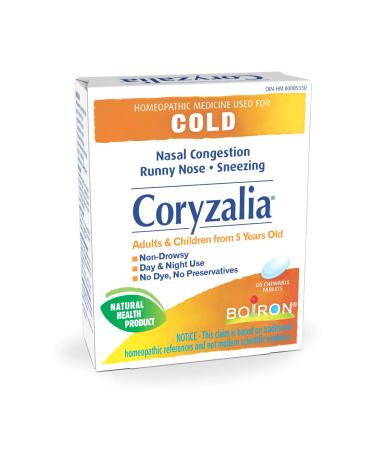 Boiron Coryzalia for colds and cold symptoms 60 Tablets. Chewable Tablets for nasal congestion runny nose rhinitis. Non-drowsy Cold Medicine