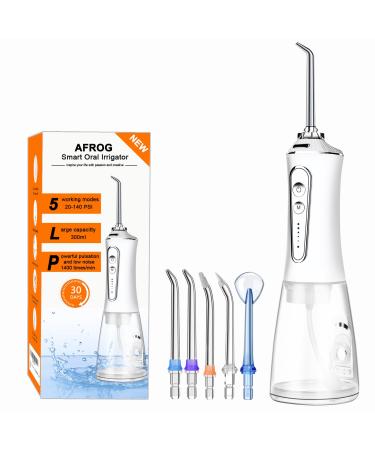 Water Dental Flosser Cordless for Teeth - AFROG 5 Modes Dental Oral Irrigator Portable and Rechargeable IPX7 Waterproof Powerful Battery Life Water Teeth Cleaner Picks for Home Travel White