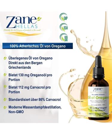 Zane Hellas 70% Oregano Oil - Greek Essential Oil with 86% Carvacrol | 112mg per Serving | Premium 30ml - Buy Online on GoSupps.com