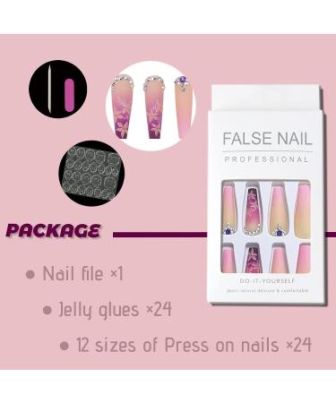 QINGGE Rhinestones Coffin Press on Nails - Pink Flower Design | Long Fake Nails for Women | Matte Stick on Nails - Buy Online on GoSupps.com