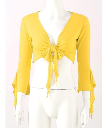 YiZYiF Women's Yellow Ballroom Dance Top with Tulle Flared Sleeves - Lace-Up Belly Latin Practice Costume - Buy Online on GoSupps.com
