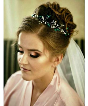 BERYUAN Women Pearl Hair Vine Emerald Green Crystal Leaf Hair Band Piece Silver Headpiece Wedding Hair Accessory Gift for Her Party Headress for Bride Bridesmaid Girls (style 1) - Buy Online on GoSupps.com