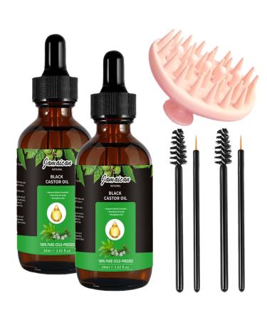 2Pack Castor Oil for Hair Growth with Scalp Massager 100% Pure & Nature Cold Pressed Black Castor Oil for Hair Eyelashes Eyebrows Skin Care Massage Oil Hair Nourishing Oil