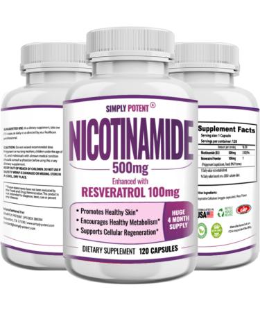 Nicotinamide 500mg with Resveratrol 100mg - 120 Veggie Capsules - Vitamin B3 Supplement Pills to Support NAD Skin Cell Health & Energy
