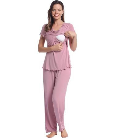 Women Maternity Pyjama Set XL Dusty Rose | Short Sleeve Tops & Long Pants | Summer Cool Moisture Wicking | Pregnancy to Postpartum Sleepwear - Buy Online on GoSupps.com
