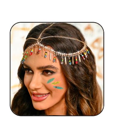 Sixexey Boho Gold Head Chain Egyptian Headpiece Colorful Beaded Headpiece for Women