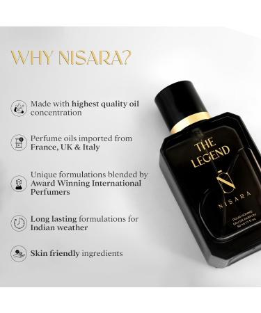 Nisara The Legend Perfume For Men - 50 ml | Long Lasting Eau De Parfum | Premium Perfume | Fresh Spicy Fragrance | With Bergamot Pink Pepper Lavender Leather Vetiver & Amber | EDP Scent for men - Buy Online on GoSupps.com