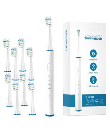 Electric Toothbrush for Adults 8 Brush Heads with 4 Modes Rechargeable & Waterproof Toothbrushes Fast Charge One Charge for 60 Days (White)