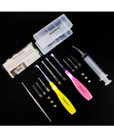 Airgoesin Longer Tips 2 Sets Tonsil Stone Remover Kit w/LED Tool Irrigation Syringe & Stainless Tonsil Pick C: Yellow+pink