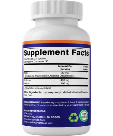 Vitamatic NADH 20mg with D-Ribose & CoQ10 60 Capsules B-Nicotinamide Adenine Dinucleotide Non-GMO Gluten Free 60 Count (Pack of 1) - Buy Online on GoSupps.com