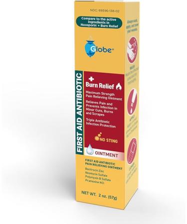 Globe {2 Oz) Dual Action Burn Relief & First-Aid Antibiotic Ointment for 24-Hour Infection Protection & Maximum Strength Burn Pain Relief with Bacitracin Zinc Neomycin  & Pramoxine HCL - Buy Online on GoSupps.com