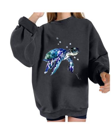 Women Sweatshirt Pullover Fall Winter Warm Fleece Blouses with Ocean Print Crewneck Loose Long Sleeve Tshirt Tunic Tops XX-Large 02 # Dark Gray