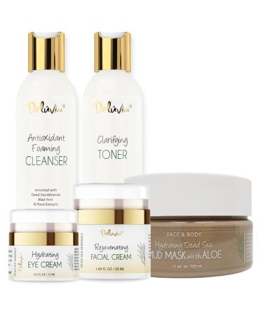 Deluvia Premium Facial Kit Skin Care Products Set Gentle Foaming Cleanser Face Wash Clarifying Facial Toner Face Moisturizer Hydrating Under Eye Cream Dead Sea Mud Mask