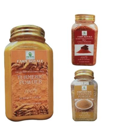 Farm Royale Turmeric/Kashmiri Tometo Red chilli(Lal Mirch)/Coriander Powder Combo(200g/200g/200g)100% Fresh Pure and Natural.