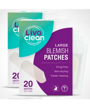 (2 Pack - 40 CT) LivaClean Large Acne Patches - Blemish Nose Acne Zit Face Mask Hydrocolloid Acne Patches Pimple Patches Large Big Acne Patch Large Hydrocolloid Patch Large Pimple Patch Acne Strips