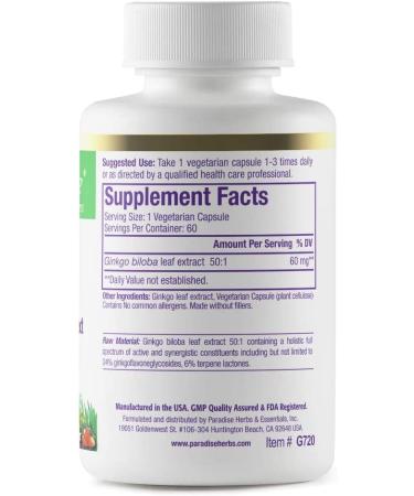 Paradise Herbs Ginkgo Biloba - 60 Vegetarian Capsules for Cognitive Support - Buy Online on GoSupps.com
