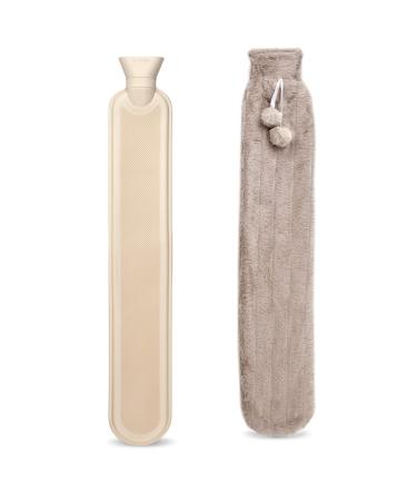 Long Hot Water Bottle with Fluffy Cover Large 2L Capacity Hot Water Bottle with Soft Premium Faux Fur Cover 73cm Rubber Hot Water Bag for Neck Waist Abdomen Legs (Khaki)