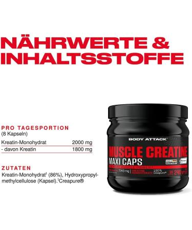 Buy Body Attack Muscle Creatine (Creapure) 240 Capsules - Powerful Muscle Growth Supplement for Optimal Performance - Buy Online on GoSupps.com