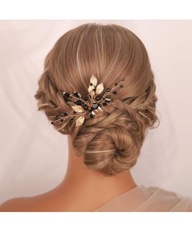 Kercisbeauty Gold Leaves with Black Beads Small Cute Hair Comb for Wedding Brides Bridesmaid Women Girls Special Occasion Handmade Jewelry - Buy Online on GoSupps.com