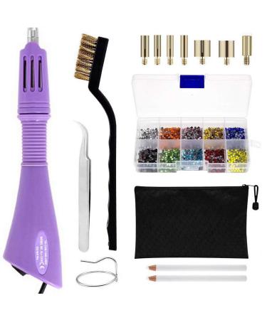 Hotfix Applicator, DIY Rhinestone Wand Setter Tool Kit Include 7 Different Sizes Tips, Tweezers & Brush Cleaning kit, 2 Pencils, and Hot-Fix Crystal Rhinestones (10 Colors Rhinestone) (Purple)