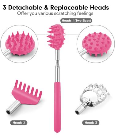 Telescoping Back Scratcher with 3 Detachable Heads | Extendable Bear Claw/Rake Scratcher | Pink | Tukuos - Buy Online on GoSupps.com