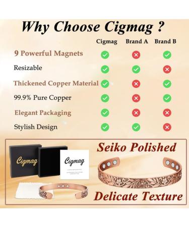 Cigmag 9X Lymphatic Drainage Copper Magnetic Bracelet - Ultra Strength, Adjustable Brazaletes Cuff Bangle - Copper Crystal Plum Pattern - Gift Box Included - Buy Online on GoSupps.com