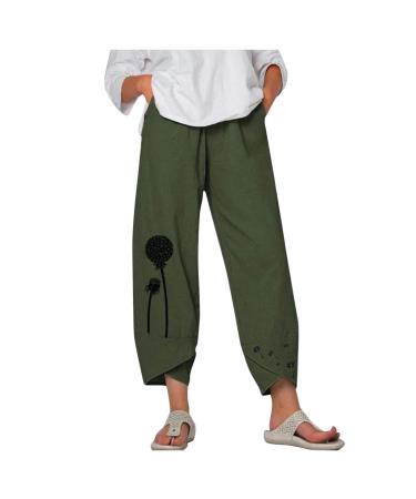 Ronony ladies boho harem pants 7/8 summer pants Large sizes daisies print comfortable cut rubber bond high waist yoga pants with wide leg l 001#green