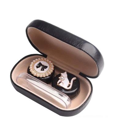 Cute Contact Lens Cases Cat Contact Lens Soak Storage Box Portable Pink Contact Lens Holder with Tweezers for Travel Kit (Black Case Cat)