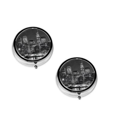 (New York Paintings) Round Pill Box 3 Compartment Pill Box Mini Decorative Pocket Purse Portable Travel Medicine Tablet Vitamin Holder Organizer Pill Case Black