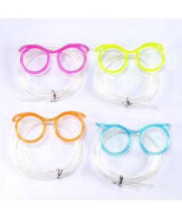 GEMOCHY 4 Pieces Silly Straws Novelty Flexible Soft Drink Eyeglasses Flexible Drinking Straw Glasses Plastic Crazy Straws Reusable Fun Straw Eyeglasses (Round)
