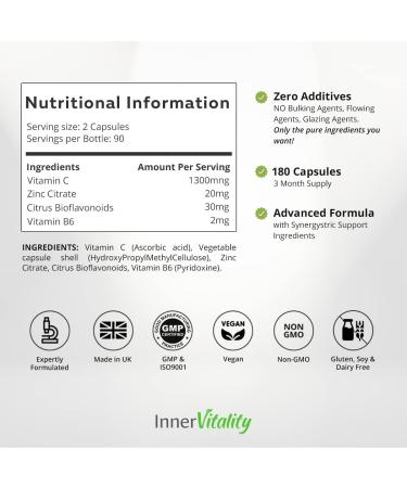 Vitamin C 1300mg and Zinc with Bioflavonoids - 180 Capsules (3 Month Supply) | No Additives | Better Absorption | Easy to Swallow - Buy Online on GoSupps.com