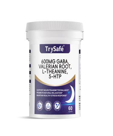 TrySafe 600mg GABA Sleep Aid* for Adults with 200mg Valerian Root 100mg L-theanine 60mg 5-HTP | Helps The Body Ease Into Sleep* & Maintain Deep Restful Sleep* 60 Capsules 30 Day Supply