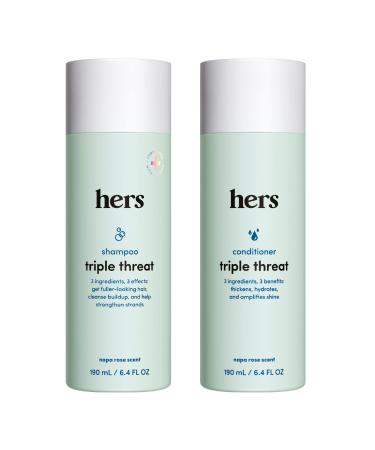 hers Triple Threat Shampoo and Conditioner Set for Women- Thickening Moisturizing Reduces Shedding- Color Safe Hair Loss Shampoo and Conditioner- 2 pack 6.4oz