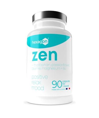 Zen Anti-Stress Complex Magnesium Bisglycinate Passionflower L-Tryptophan Taurine Vitamin B6 - Promotes Relaxation - 90 Vegetable Capsules - Made in France Hexagon
